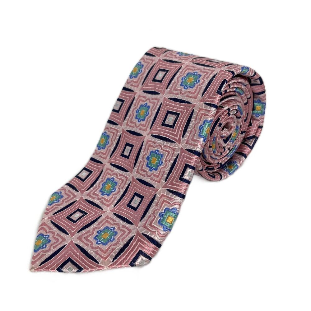 Paul Fredrick Tie Mens Pink Blue Geometric Classic Pointed Silk Neck Tie